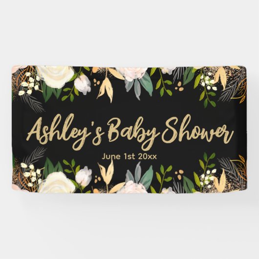 Baby Shower Fotobooth Hintergrund Floral Black Gol Banner (Horizontal)