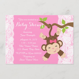 Baby Shower für Mädchen mit rosa Spitze und Affen Einladung