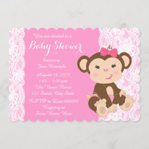 Baby Shower für Mädchen mit rosa Spitze und Affen Einladung
