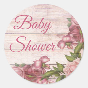 Baby Shower für Mädchen Vintage Rose und Holz Runder Aufkleber