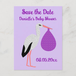 Baby Shower für neutrales Baby mit violettem Storc Postkarte