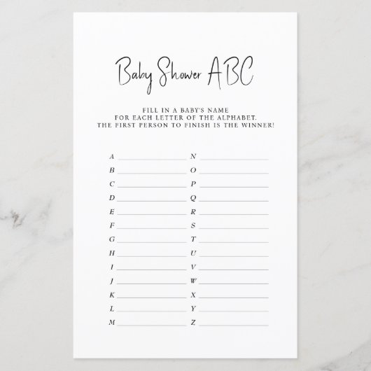 Baby Shower Game ABC-Namen Minimalistisch (Vorderseite)