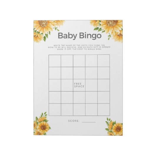 Baby Shower Game Baby Bingo Gelbe Sonnenblumen Notizblock (Rotiert)