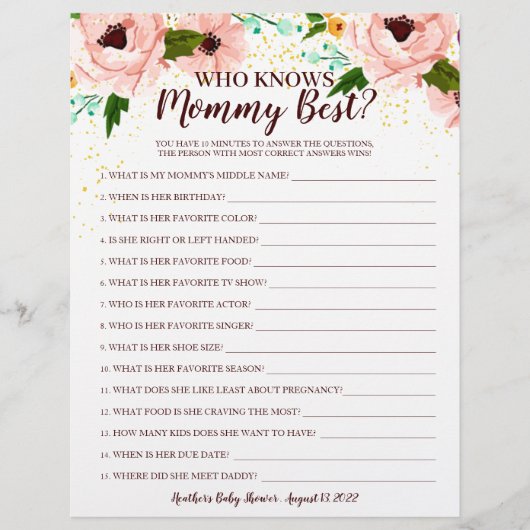 Baby Shower Game, das Mommy Confetti Floral kennt (Vorderseite)