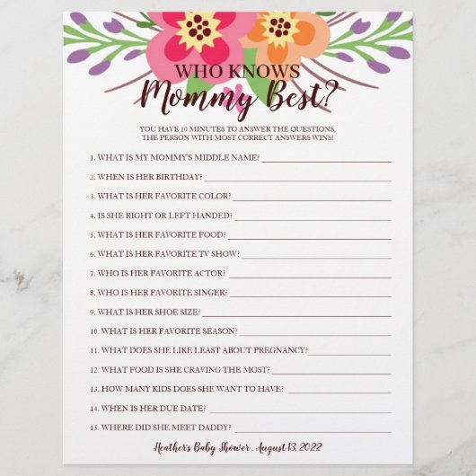 Baby Shower Game, das Mommy Floral kennt (Vorderseite)