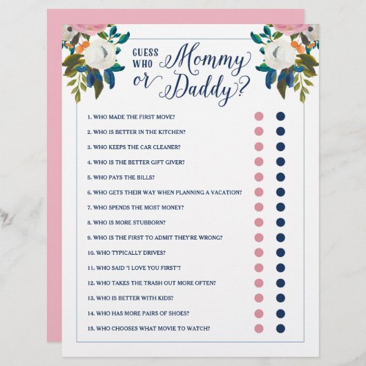 Baby Shower Game Guess Who Mommy or Daddy Editable (Vorne/Hinten)