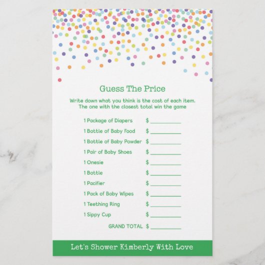 Baby Shower Game in Confetti Thema (Vorderseite)