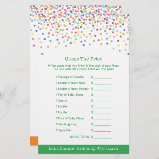 Baby Shower Game in Confetti Thema (Vorne/Hinten)