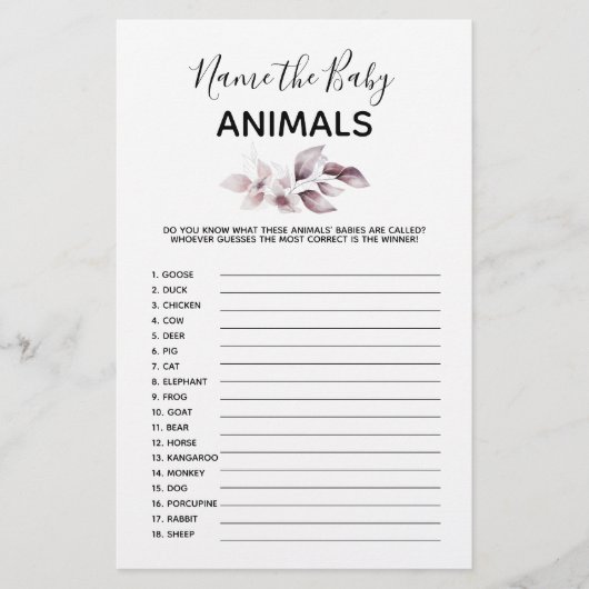 Baby Shower Game - Name der Baby Animals (Vorderseite)