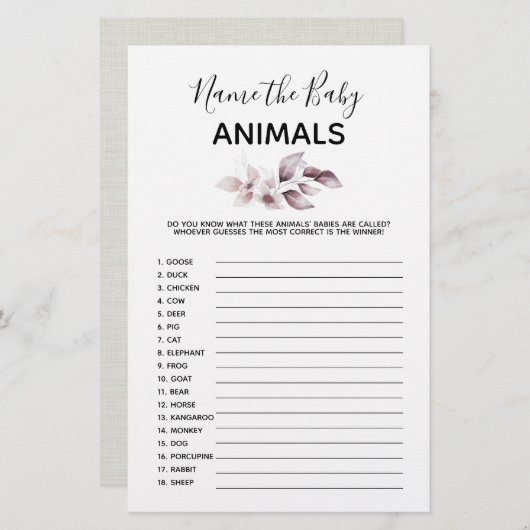 Baby Shower Game - Name der Baby Animals (Vorne/Hinten)