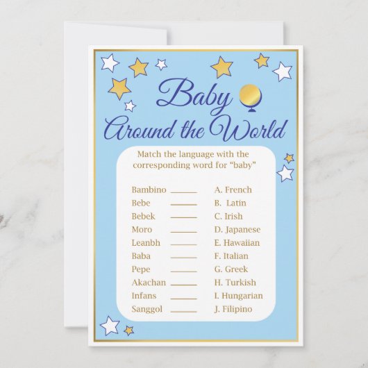 Baby Shower Game Rund um die World Blue Gold Stars Einladung (Vorderseite)