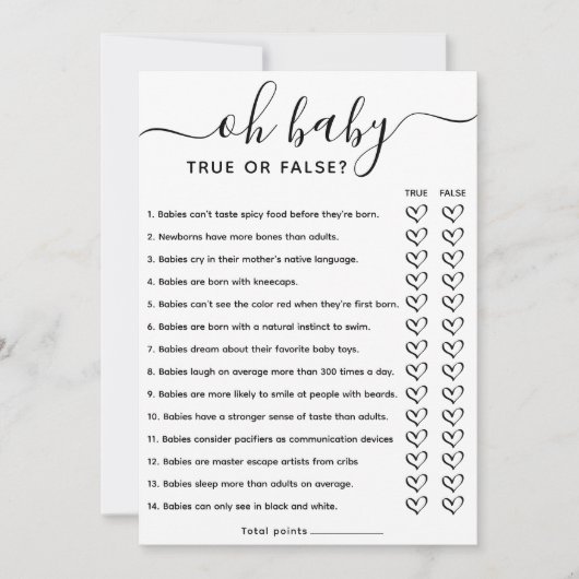 Baby Shower Game True oder False Trivia mit Antwor Einladung (Vorderseite)