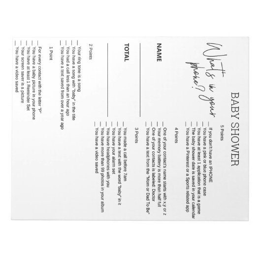 Baby Shower Game Was ist in deinem Handy? Notizblock (Vorderseite)