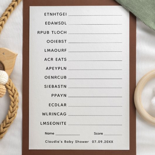 Baby Shower Game Word Scramble mit Answer Key Einladung