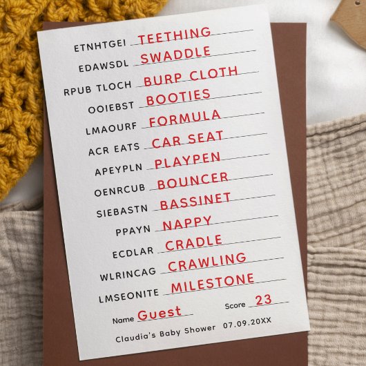Baby Shower Game Word Scramble mit Answer Key Einladung