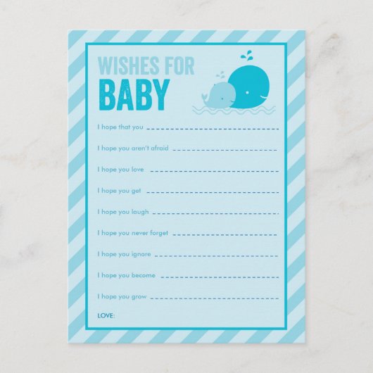 Baby Shower Game - Wünsche für Baby - Blauer Wal Hinweiskarte (Vorderseite)