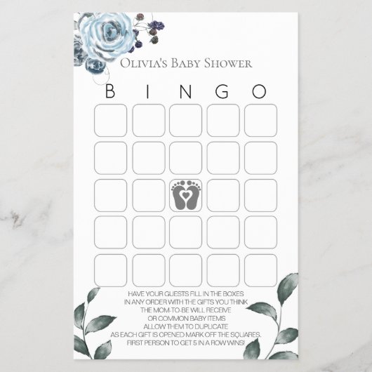 Baby Shower Games Bingo Dusty Blue Rose Flyer (Vorne)