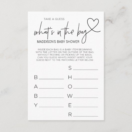 Baby Shower Games raten, was in der Bag Game Card  Begleitkarte (Vorderseite)