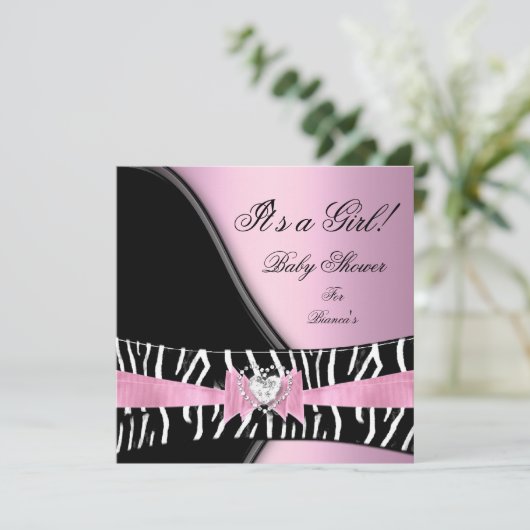 Baby Shower Girl Baby Pink Black Zebra Einladung (Stehend Vorderseite)