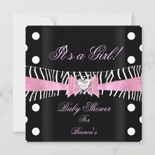 Baby Shower Girl Baby Pink Black Zebra polka Punkt Einladung (Vorderseite)