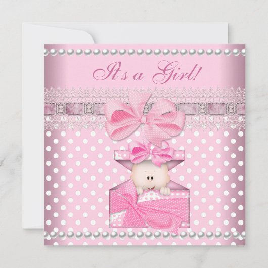 Baby Shower Girl Baby Pink Gift Spot Pearl Lace Einladung (Vorderseite)