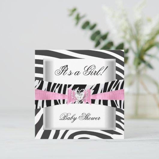 Baby Shower Girl Baby Pink Schwarz-weiß Zebra Einladung (Stehend Vorderseite)