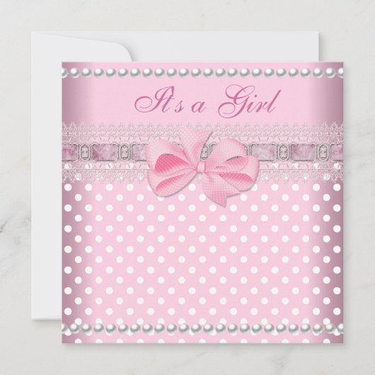 Baby Shower Girl Baby Pink Spot Pearl Lace Einladung (Vorderseite)