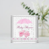 Baby Shower Girl Baby Pink Umbrella Pearl White Einladung (Stehend Vorderseite)