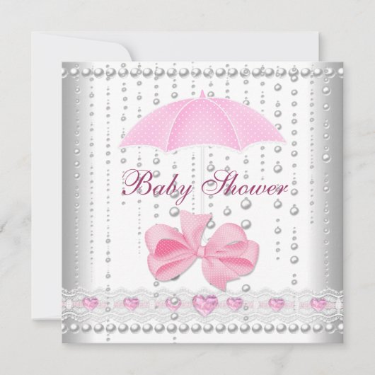 Baby Shower Girl Baby Pink Umbrella Pearl White Einladung (Vorderseite)