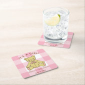Baby Shower Girl Bear mit Name und Datum Rechteckiger Pappuntersetzer (Vor Ort)