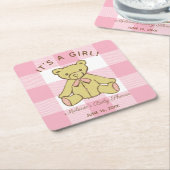 Baby Shower Girl Bear mit Name und Datum Rechteckiger Pappuntersetzer (angewinkelt)