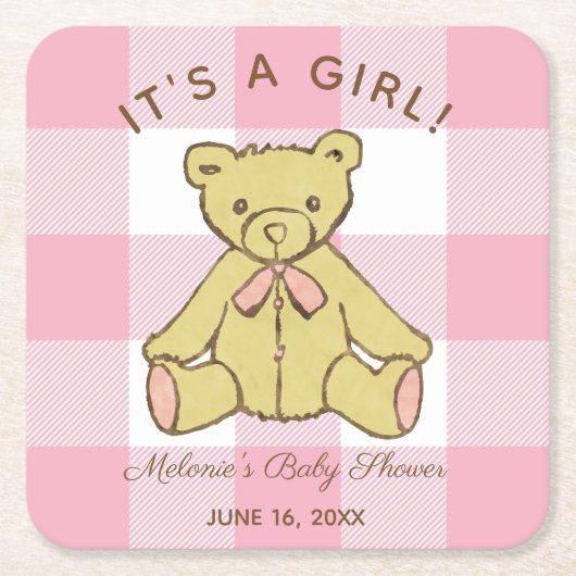 Baby Shower Girl Bear mit Name und Datum Rechteckiger Pappuntersetzer (Vorderseite)