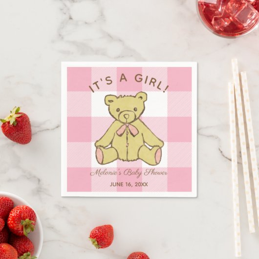 Baby Shower Girl Bear mit Name und Datum Serviette (Beispiel)
