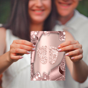 Baby Shower Girl Boy Feet Glam Rose Pink 3D Einladung