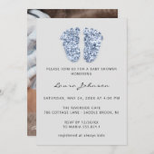 Baby Shower Girl Boy Feet Glitzer Foto Blue Grau Einladung (Vorne/Hinten)