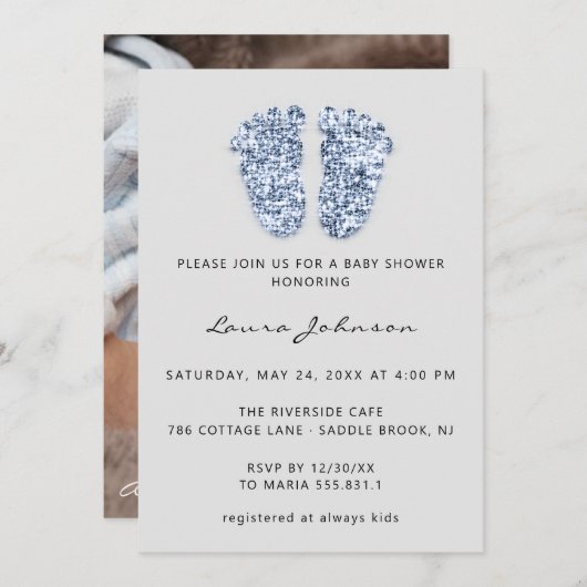 Baby Shower Girl Boy Feet Glitzer Foto Blue Grau Einladung (Vorne/Hinten)