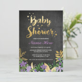 Baby Shower Girl Boy Invite Gold Lila Pink Black Einladung (Stehend Vorderseite)