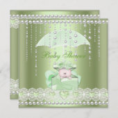 Baby Shower Girl Boy Mint Umbrella Pearl Einladung (Vorne/Hinten)