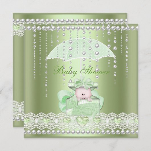 Baby Shower Girl Boy Mint Umbrella Pearl Einladung (Vorne/Hinten)