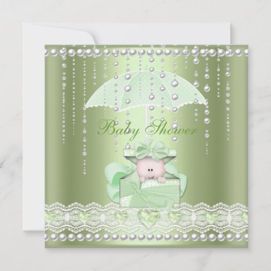 Baby Shower Girl Boy Mint Umbrella Pearl Einladung (Vorderseite)
