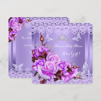 Baby Shower Girl Butterfly Lila Pink Roses 2 Einladung