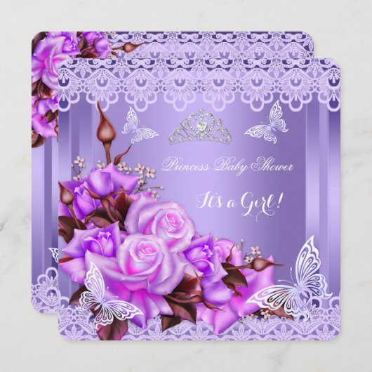 Baby Shower Girl Butterfly Lila Pink Roses 2 Einladung (Vorne/Hinten)