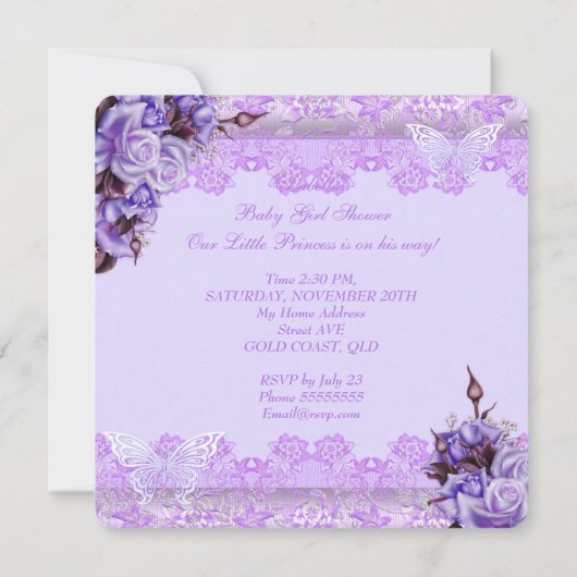 Baby Shower Girl Butterfly Lilac Lavender Rose Einladung (Rückseite)