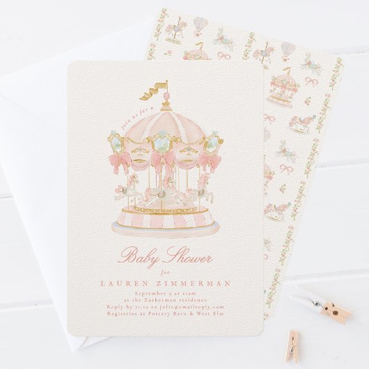 Baby Shower Girl Carousel Fairytale Bows Pink Einladung