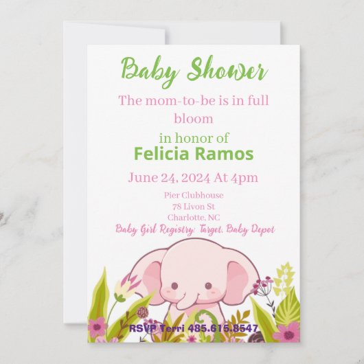 Baby Shower Girl Elephant Pink Blume Einladung (Vorderseite)