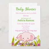 Baby Shower Girl Elephant Pink Blume Einladung (Vorne/Hinten)