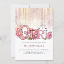 Baby Shower Girl Floral Pink Gold Glitzer Einladung