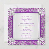 Baby Shower Girl Glitzer Lila Silver Lace Brunet Einladung (Rückseite)