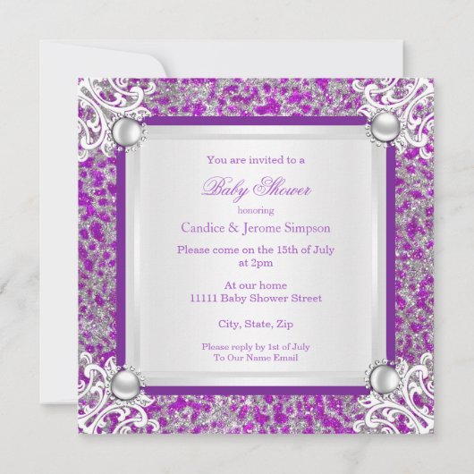 Baby Shower Girl Glitzer Lila Silver Lace Brunet Einladung (Rückseite)