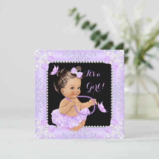 Baby Shower Girl Lavender Butterfly Tutu Brünett Einladung (Stehend Vorderseite)